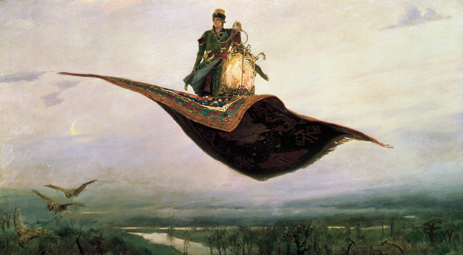 A painting of Ivan the Fool riding a margic carpet with a giant magical lantern, over a bare forest ending at an ongoing river, with birds flying off in the lower right. A sensatin of greyness, desolation, the edge of the world.