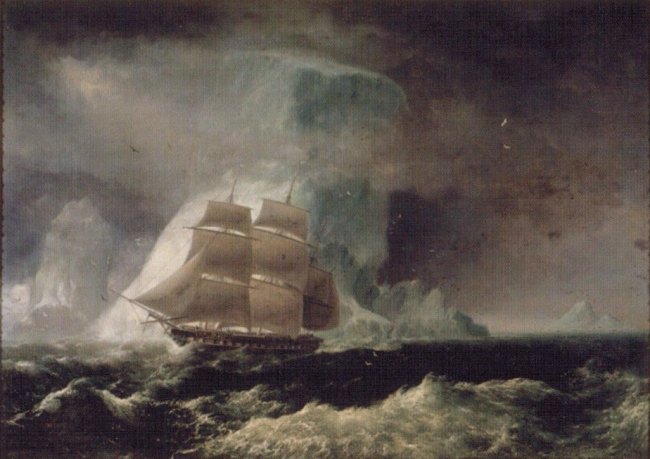 A painting of a three masted ship on some very stormy dark waters and glaciers behind it.