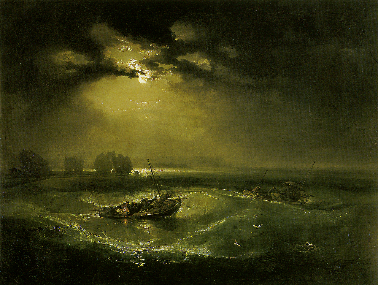 Painting by William Turner, "Fishermen at Sea"; green and sickly lit tossing ocean with fishermen in small boats at foreground and right background. Strange rock shapes at the distant left background.