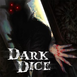 podcast cover. illustration of a dark shadowy figure wearing a high necked coat with three red dots where eyes would be in a pyramid shape. the figure reaches out with a bloody hand, with long curved fingernails. DARK DICE across the bottom left.