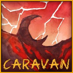 CARAVAN's logo -- a watercolor painting of a canyon cliffside shaped like a crescent moon, against a lightning filled sky. All in shades of red.