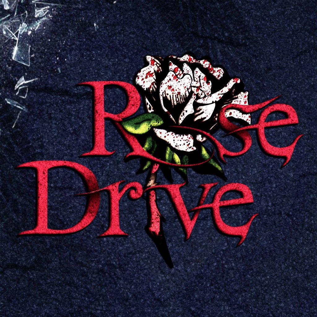 Rose Drive podcast logo with white rose stained with blood